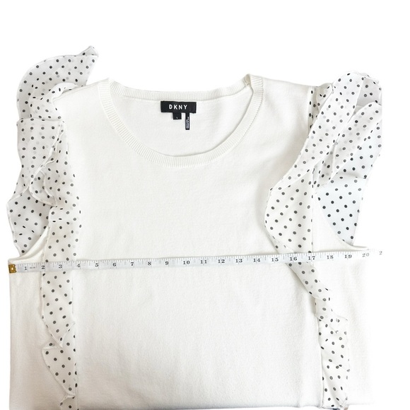 Short Flutter Polka Dot Sleeve Ribbed Hem Mixed Media Lightweight Sweater - Picture 9 of 10